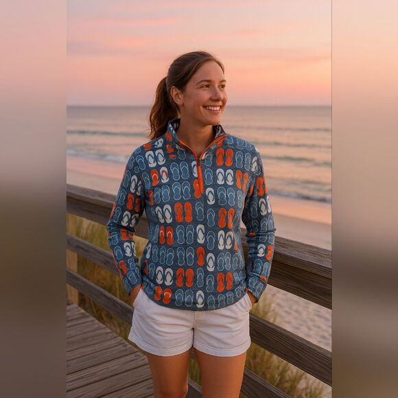 Crown & Ivy Beach Blue 1/2 Zip L/S Top Women's S Flip Flop Novelty Print… - Picture 1 of 7